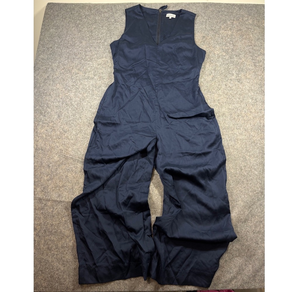 Ettitude CleanBamboo Lyocell Wide Leg Jumpsuit Navy Blue V-Neck Romper Sateen L